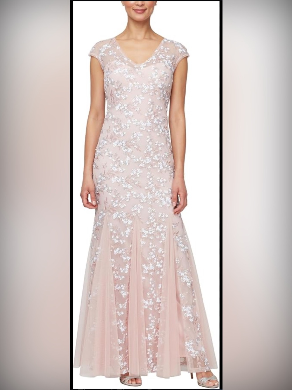 Alex Evenings Blush Maxi Dress with Silver Sequin Floral Embellishment